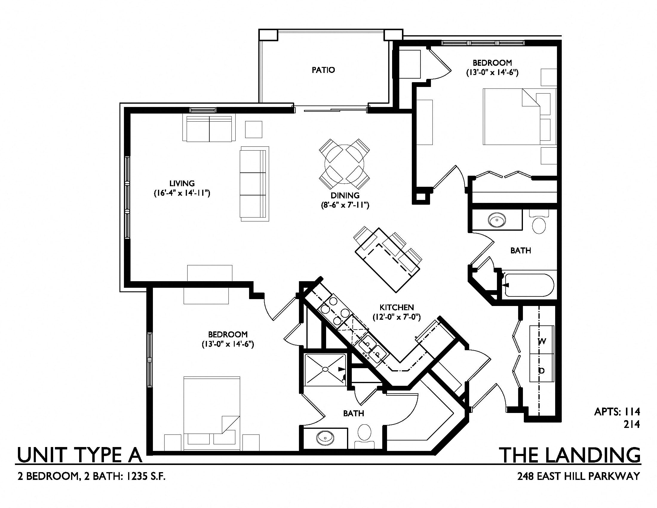 Floor plan for 2 beds, 2 baths, 1235 sqft